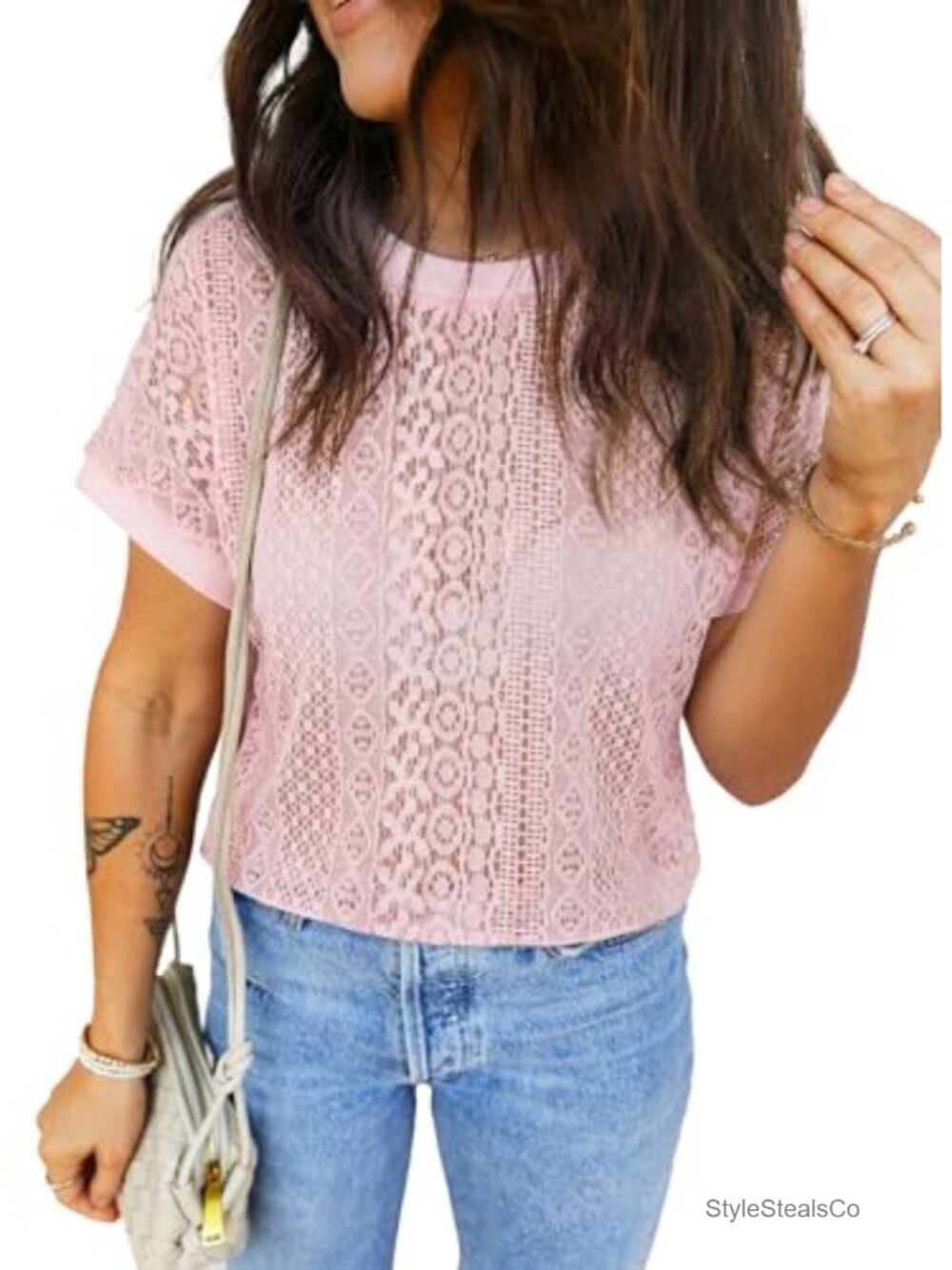 Women's Lace Cut Out Short Sleeve Crochet Beach Cover Up Top